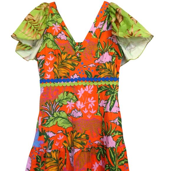 Alden Adair Midi Dress Diana in Jungle Cruise Tropical Flutter Sleeve Large - Picture 4 of 11
